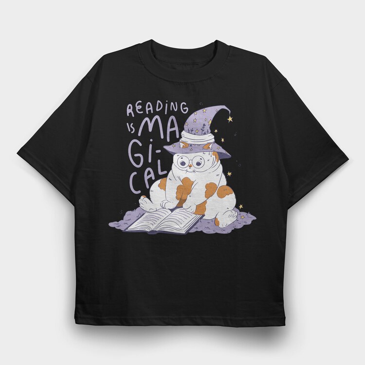 Cat Reading Magical Book, Tricou Oversize Barbati (Unisex)