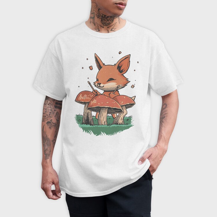 Fox Playing Drums On Mushrooms Cute, Tricou Barbati (Unisex)