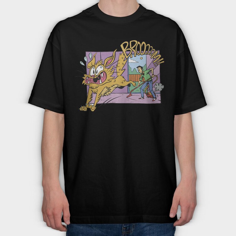 Scared Cat Funny Vacuuming, Tricou Oversize Barbati (Unisex)