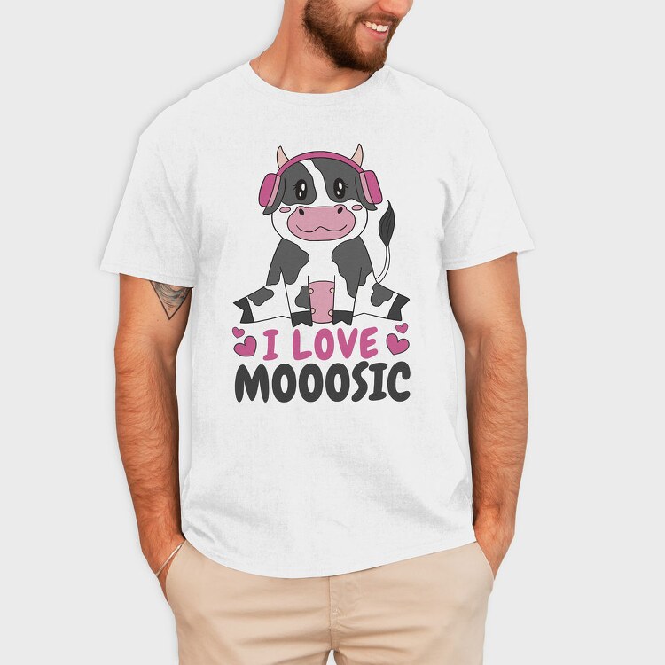 Cow With Headphones I Love Moosic, Tricou Barbati (Unisex)