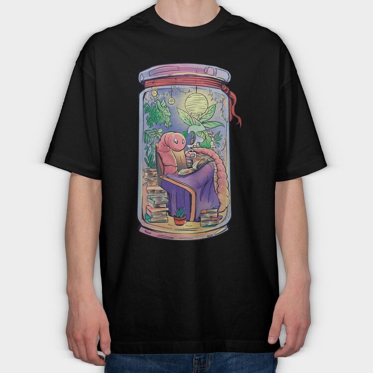 Cozy Worm Reading Books Jar Chill, Tricou Oversize Barbati (Unisex)