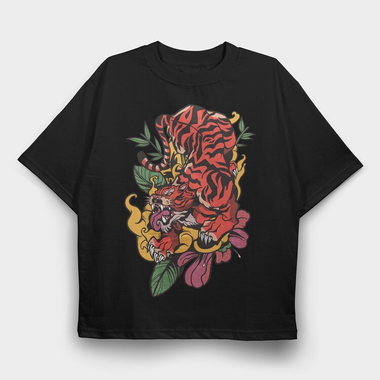 Traditional Japanese Tiger Floral, Tricou Oversize Barbati (Unisex)