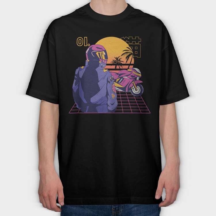 Synthwave Motorcyclist, Tricou Oversize Barbati (Unisex)