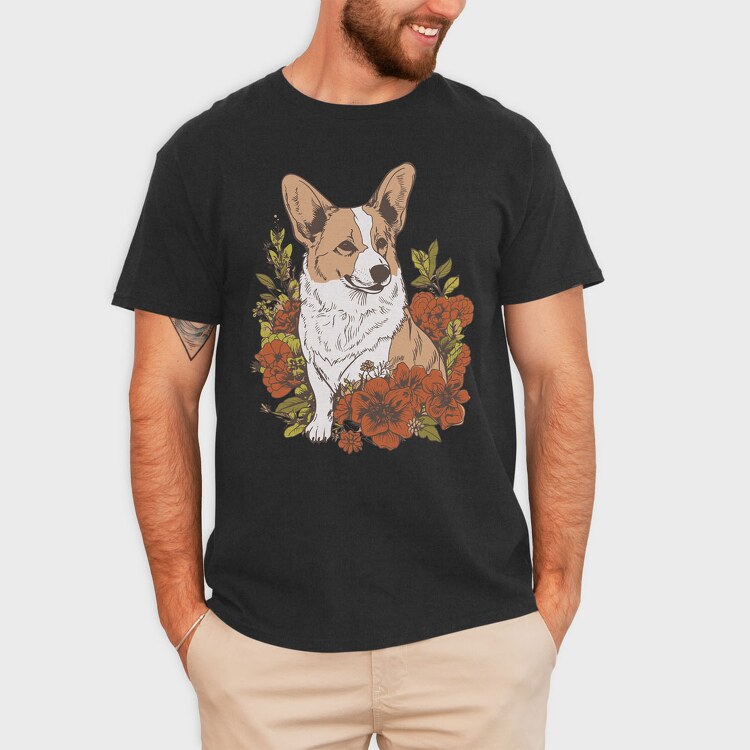 Corgi Dog Red Flowers, Tricou Barbati (Unisex)