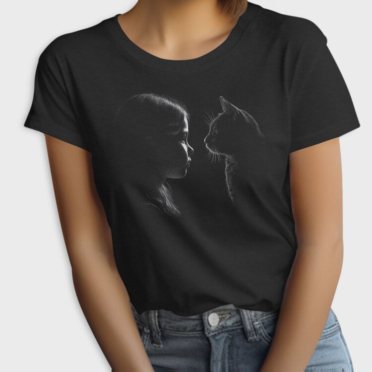 Girl And A Cat Silhouette, Tricou Femei