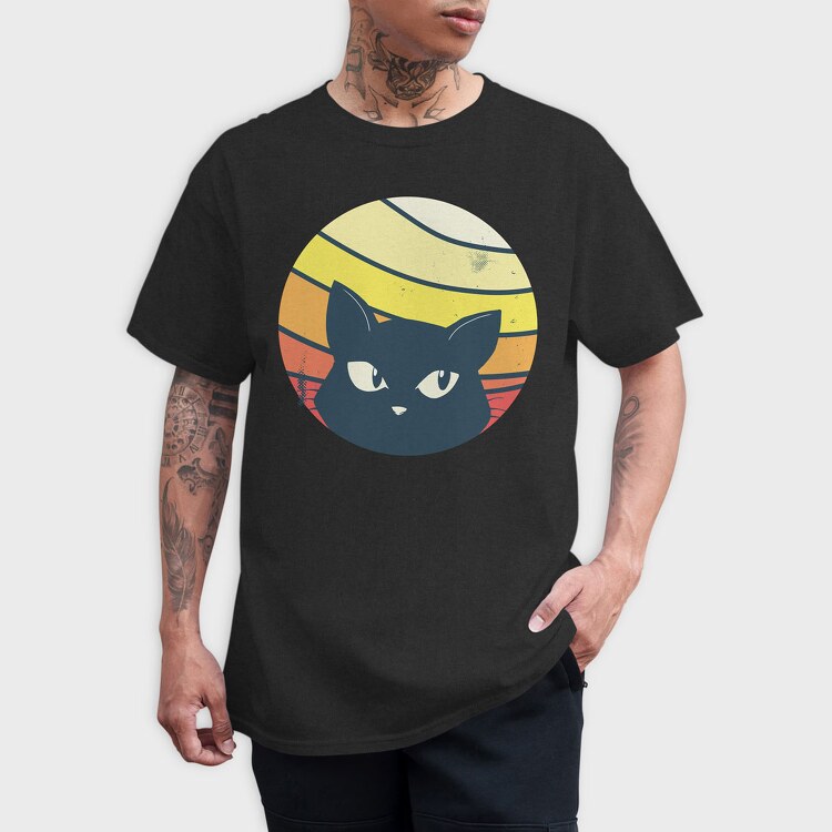 Black Cat Sunset Retro, Tricou Barbati (Unisex)
