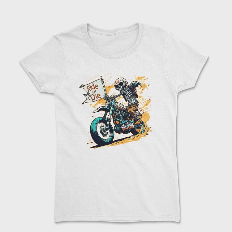 Ride or Die Skeleton Motorcycle Flag Art, Tricou Femei