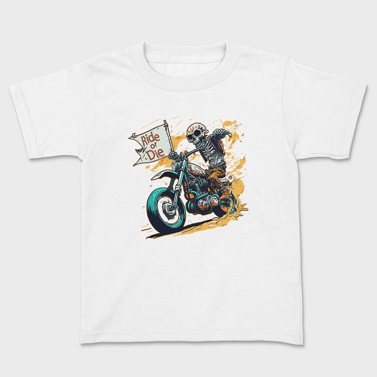 Tricou Copii, Ride or Die Skeleton Motorcycle Flag Art