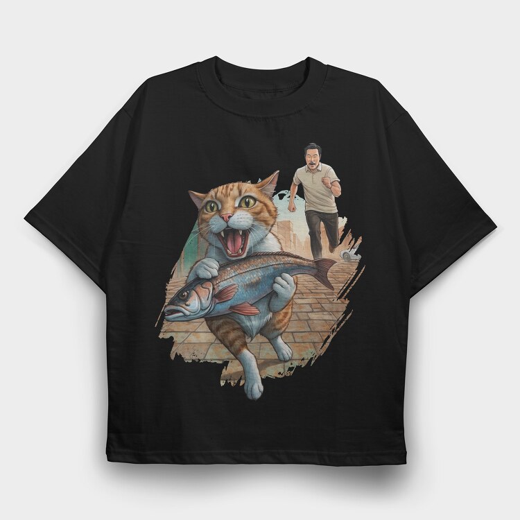Cat Escaping With Fish, Tricou Oversize Barbati (Unisex)