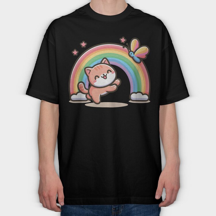 Cat Rainbow Cartoon, Tricou Oversize Barbati (Unisex)