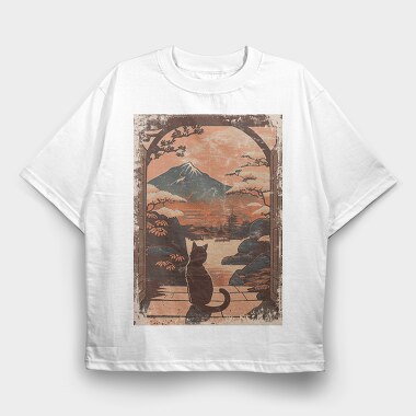 Cat Sitting Traditional Japanese, Tricou Oversize Barbati (Unisex)