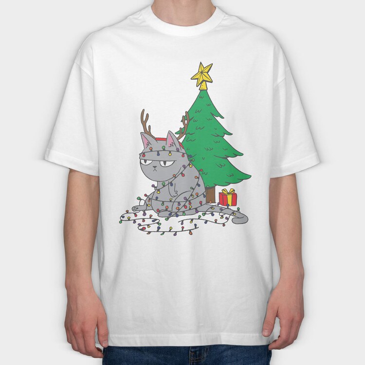 Cat Tangled in Christmas Lights, Tricou Oversize Barbati (Unisex)