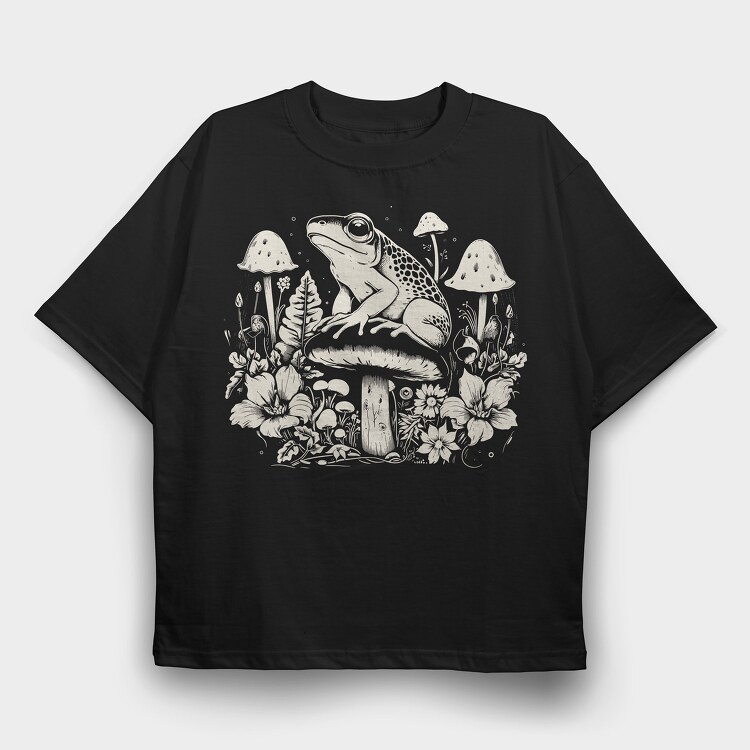 Monochrome Frog on Mushroom, Tricou Oversize Barbati (Unisex)