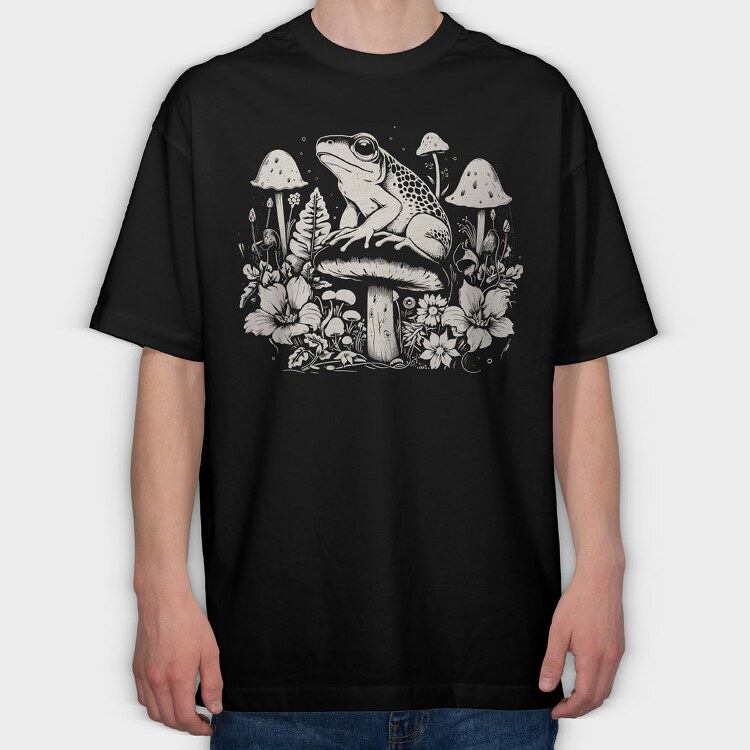 Monochrome Frog on Mushroom, Tricou Oversize Barbati (Unisex)