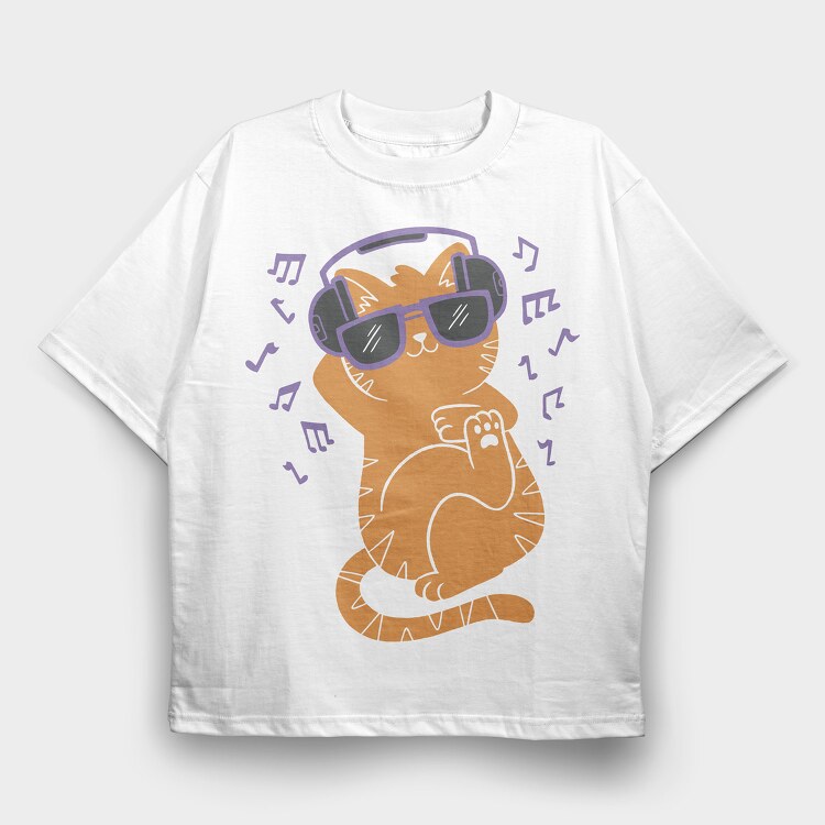 Cat With Sunglasses and Headphones, Tricou Oversize Barbati (Unisex)