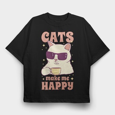Cats Make Me Happy Coffee, Tricou Oversize Barbati (Unisex)