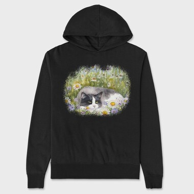 Cat Sleeping in Flower Field, Hanorac Oversize Barbati (Unisex)