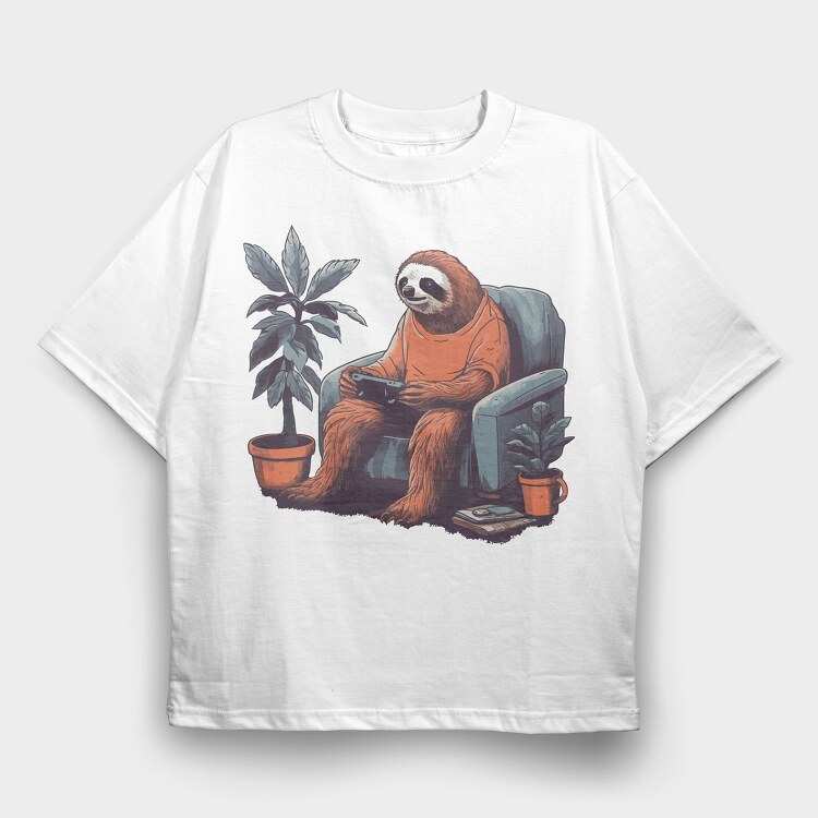 Chill Sloth Playing Video Games, Tricou Oversize Barbati (Unisex)