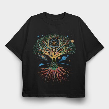 Sacred Geometry Meditating Colorful Magical Tree, Tricou Oversize Barbati (Unisex)