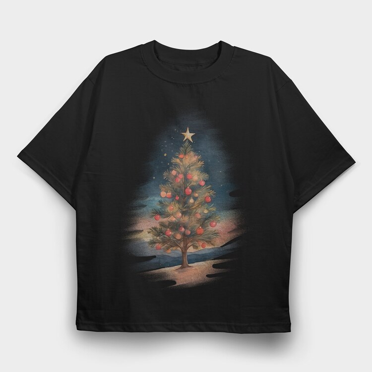 Christmas Tree Watercolor, Tricou Oversize Barbati (Unisex)