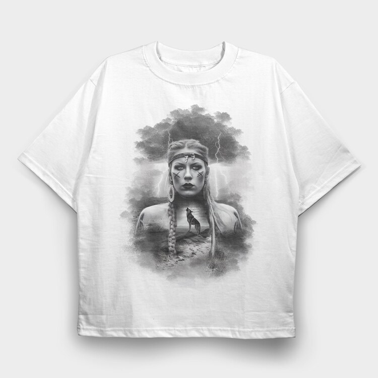 Viking Woman With Wolf, Tricou Oversize Barbati (Unisex)