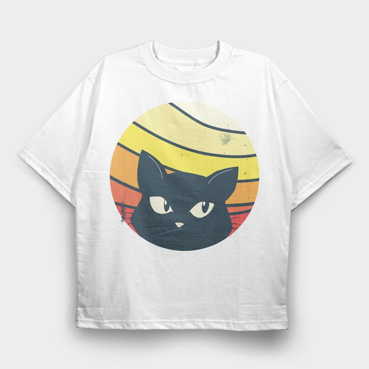 Black Cat Sunset Retro, Tricou Oversize Barbati (Unisex)