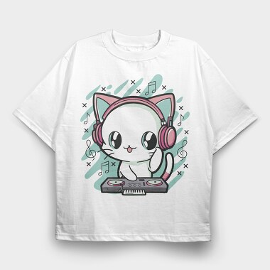 Cute Cat Dj, Tricou Oversize Barbati (Unisex)