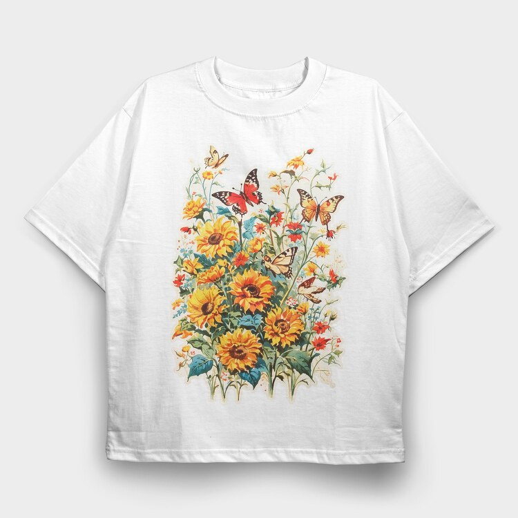 Butterfly and Flowers, Tricou Oversize Barbati (Unisex)