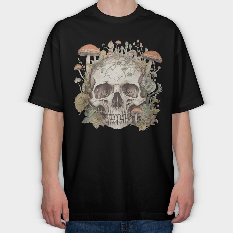 Skull With Mushrooms and Flowers, Tricou Oversize Barbati (Unisex)