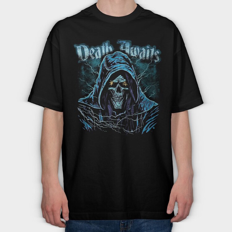 Death Awaits Grim, Tricou Oversize Barbati (Unisex)
