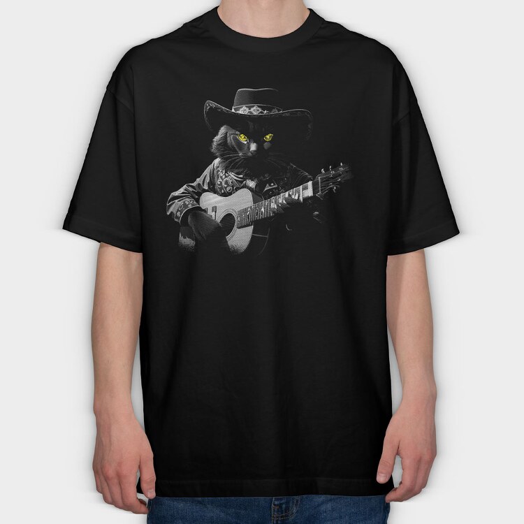 Guitar Cat Monochrome, Tricou Oversize Barbati (Unisex)