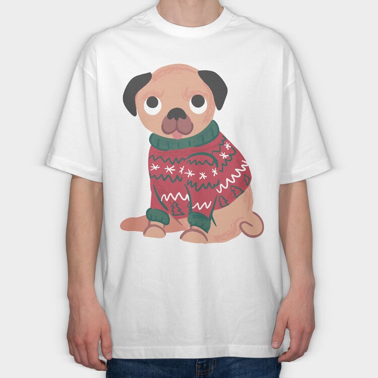 Pug Dog Wearing Uglysweater, Tricou Oversize Barbati (Unisex)