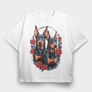 Doberman and Roses, Tricou Oversize Barbati (Unisex)