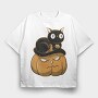 Pumpkin and Cute Black Cat, Tricou Oversize Barbati (Unisex)