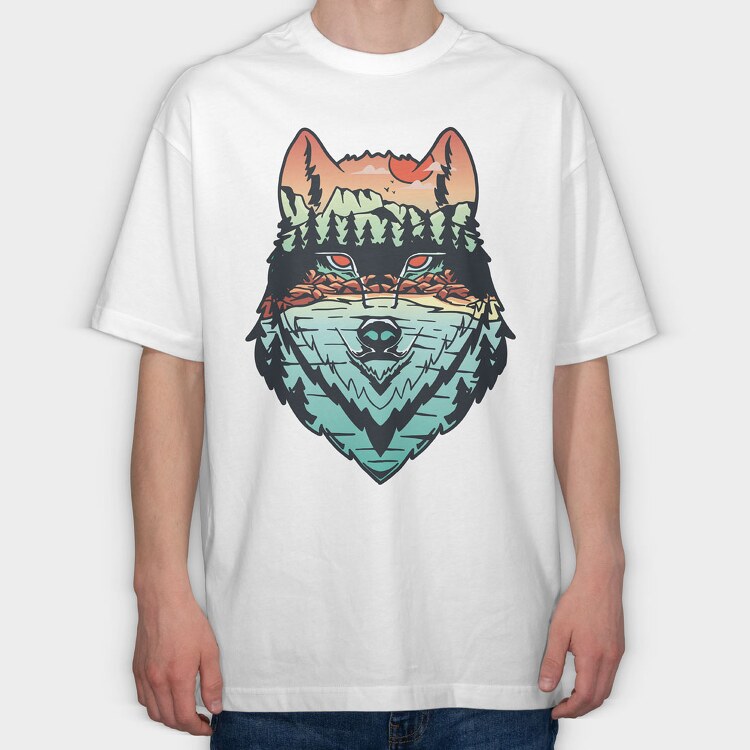 Hand Draw Landscape Wolf, Tricou Oversize Barbati (Unisex)