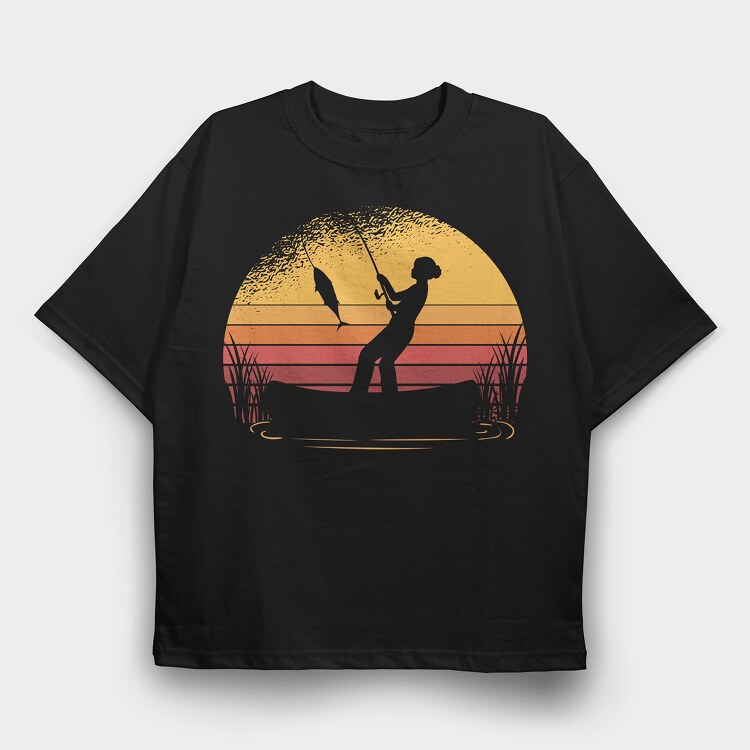Woman Fishing Sunset, Tricou Oversize Barbati (Unisex)